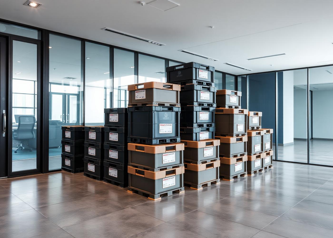 Organised office relocation crates ready for transport